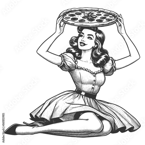 smiling woman holding a pizza above her head, showcasing a vintage culinary theme sketch engraving generative ai fictional character raster illustration. Scratch board imitation. Black and white image