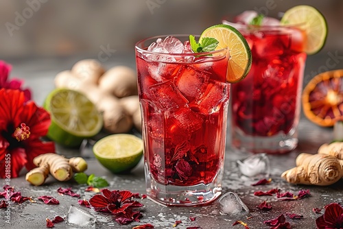 Two glasses of red drink with ice and lime slices on top