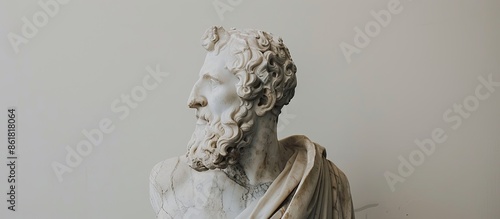 Museum exhibit featuring a headless antique marble sculpture of an unknown philosopher against a white wall background, emphasizing sightseeing and tourist themes, with room for text or images