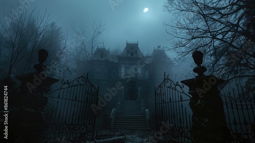 Eerie Victorian mansion on a foggy night, illuminated by a full moon, behind wrought iron gates and leafless trees.