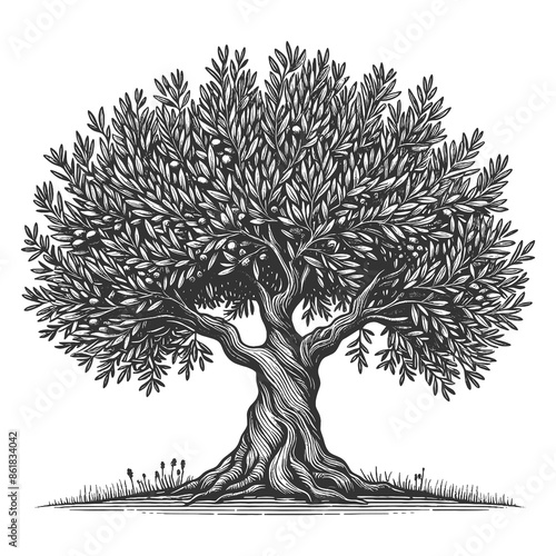 olive tree full of ripe olives, set in a serene landscape with intricate root system and foliage sketch engraving generative ai raster illustration. Scratch board imitation. Black and white image.