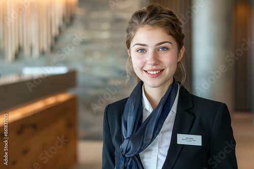 Professional Portrait of a Young Female Hotel Receptionist with a Friendly Smile and Blue Eyes, Standing in a Stylish Lobby