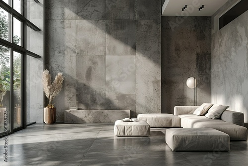 Contemporary interior design of the living room with gray empty walls and concrete floor. Beautiful decoration. Mock up, ing