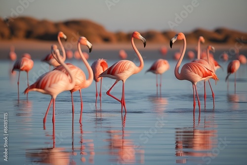 A flamboyance of greater flamingos wading in the water in golden light at sunset, salt-pans, Eastern Cape South Africa