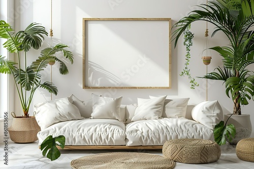 Frame hanging in bright white living room with plants and decorations mockup ing