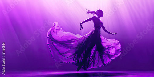 A dancer spins and leaps across the stage, their costume flowing gracefully around them. (purple)