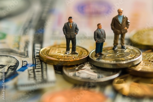 Miniature people: small figures businessmen stand on top of coins. Money, Financial, Business Growth concept.