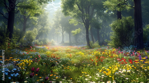 Wildflower meadow in a peaceful forest clearing