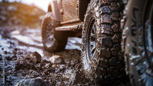 A rugged off-road vehicle with muddy tires travels through a wet, rocky terrain. The close-up angle highlights the dirt and intensity of the journey.