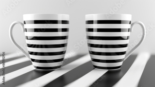 Two cups with black and white stripes on a matching background
