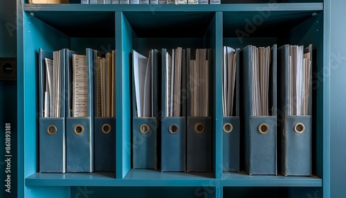 Neat arrangement of folders on a blue shelving unit, representing meticulous organization and a sense of professionalism, ideal for efficient document storage.