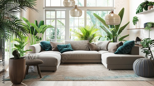 modern living room with plants --ar 16:9 Job ID: b13d0f22-ae2d-4401-8c6d-754446bc9fb5