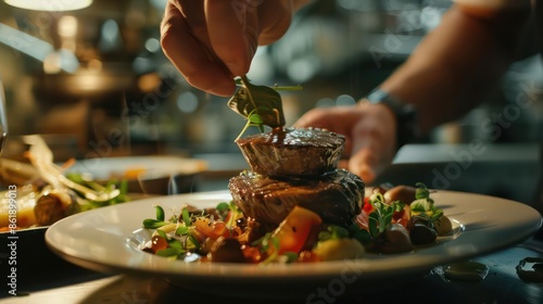Closeup of a chef s hand meticulously plating a gourmet dish, with copy space