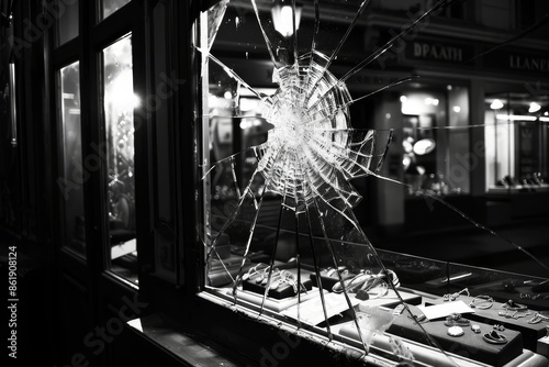High quality image capturing a shattered window display scene in a jewelry store