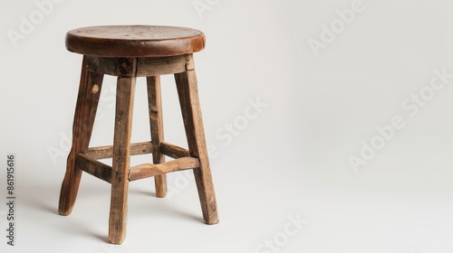 Vintage wooden stool on white backdrop with copy space