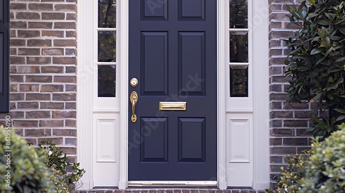 door in a rich shade of navy, framed by a traditional brick entryway with white trim and classic, brass door hardware