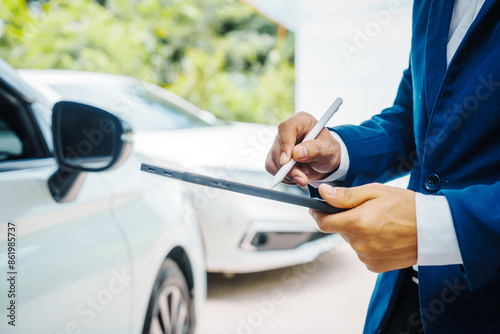 businessman in suit and car auto insurance agent assess car damage, discussing deductible, claims, coverage options comprehensive and collision insurance, completing necessary forms and appraisals.