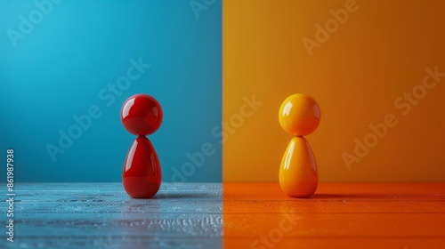 Two small figures, one red and one yellow, stand on a wooden surface