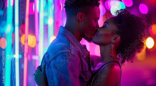 Romantic couple kissing in neon lights at night 