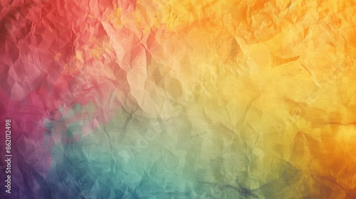 A high-resolution image of crumpled paper with a gradient of colors ranging from red, yellow, to blue.