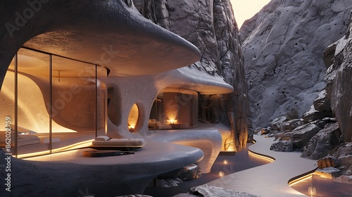 luxurious spa retreat with walls made of smooth, polished stone, designed to blend into a rocky mountainside