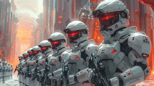 A group of futuristic troopers in advanced armor, standing guard in a dystopian city, showcasing their readiness and technological prowess. Illustration, Minimalism,