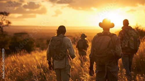 A team of ecologists tracking wildlife in the golden light of an African savannah