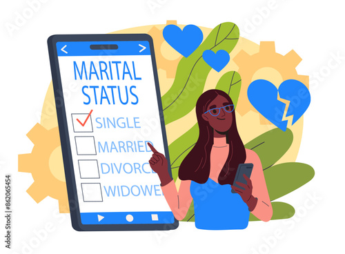 Marital status concept. Young girl near notepad with single, married, divorced and widowed inscriptions. Information about relationship. Cartoon flat vector illustration isolated on white background