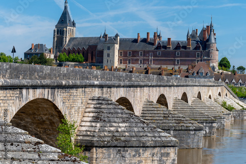 Views of old part of town of Gien is on the Loire river, in Loiret department, France, bridge and castle