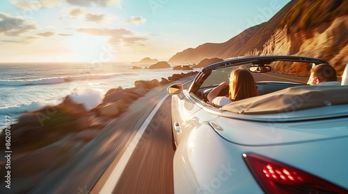 A convertible driving along a coastal highway, new drive, freedom and adventure