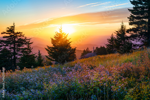 Scenic summer sunset over mountain side meadow in the appalachian mountains of virginia