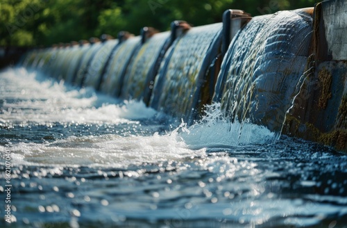 Water Flowing Over a Series of Concrete Weirs in a River