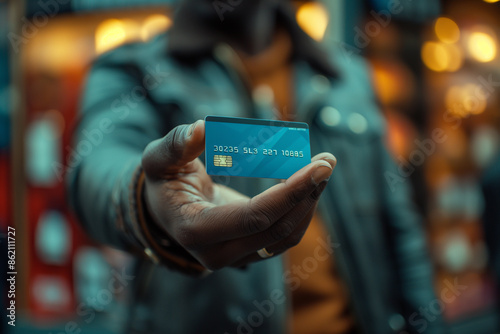 Close-up of hand holding credit card. Plastic material of credit card.