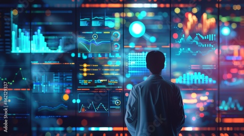 Data Analyst Studying Charts on a Large Display