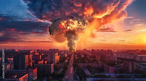 Simulated Nuclear Blast Over Minsk Skyline in Belarus Dramatic Apocalyptic Scene