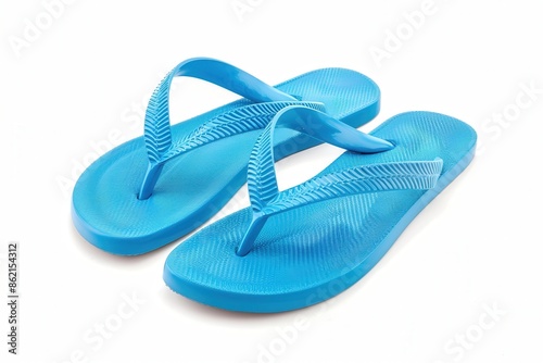 a pair of flip-flops, essential beach footwear, blue rubber, isolated on white background