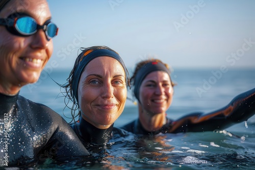 Three women in wetsuits enjoy a refreshing swim in the sea, smiling at the camera as they embrace the cold water, capturing a moment of camaraderie and adventure.