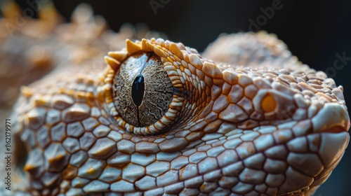 Close up of a reptile eye with detailed scales. Macro, wildlife photography concept