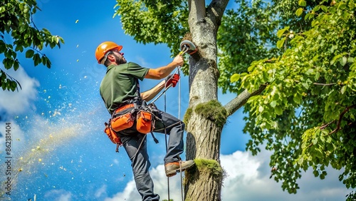 un ouvrier élagueur qui débite la cime des arbres
