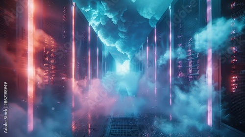 Content creation powered by a supercomputer, surrounded by otherworldly light and smoke effects, creating a mystical environment