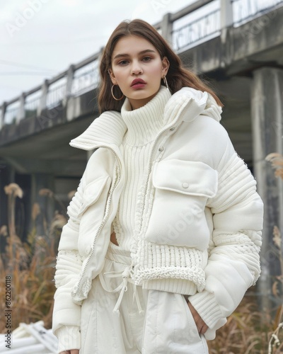 A around eighteen years old year old woman from Europe and the United States was wearing a down jacket composed of white lightweight knitting