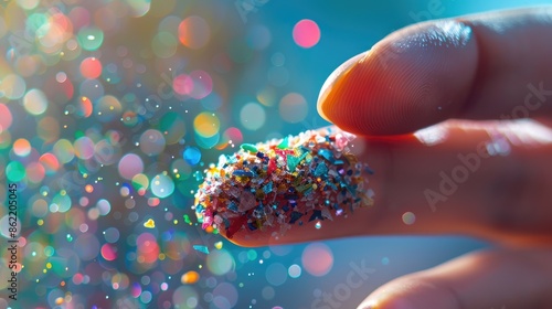 Close up photo of microplastics on a human finger Depiction of plastic pollution and nanoplastics Blurred focus on non recyclable micro plastic particles with space for text