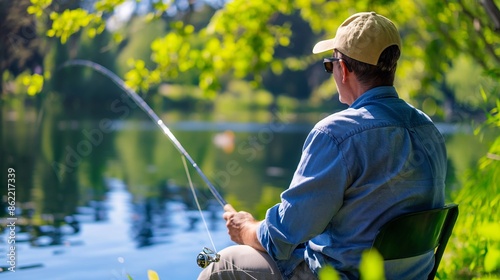 A person fishing at a serene lake, patiently waiting with a fishing rod in hand.