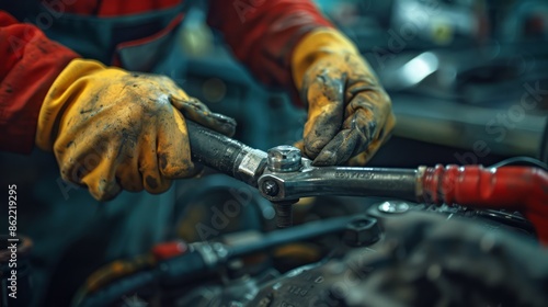 mechanic using a torque wrench to ensure engine bolts are correctly tightened, in a garage where attention to detail and proper technique are emphasized, showcasing expertise and care