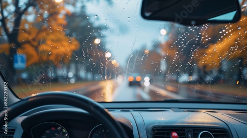 Inside a car, seen from the driver's seat, with the windshield wiper moving, front mirror and clear windshield view