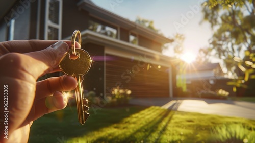 Hand holding house key in front of a new home, sunny day. Real estate and homeownership concept