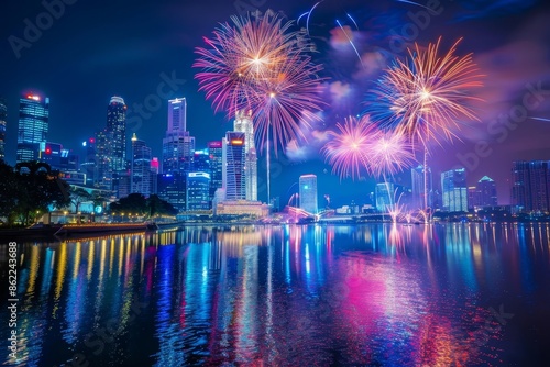 A city skyline at night during a fireworks display, vibrant bursts of colors lighting up the sky, and reflections of the fireworks shimmering in a nearby river, long exposure photography