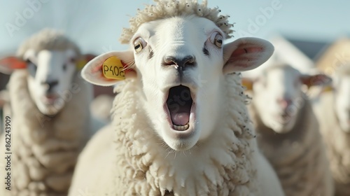 Close-up of a sheep bleating with its mouth open, surrounded by other sheep in a sunny field, emphasizing farm life and animal communication.