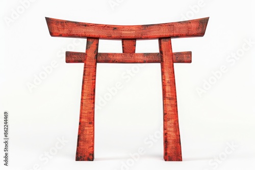 Red Torii gate isolated on white background, symbolizing Japanese culture and tradition.