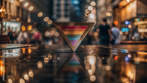 Pride Symbol Blur: An abstract blurred background featuring a prominent symbol of LGBTQ pride, such as the pink triangle or lambda sign. 